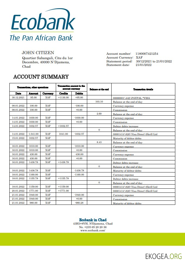 Relevé bancaire Tchad Ecobank template Relevé bancaire Tchad Ecobank template